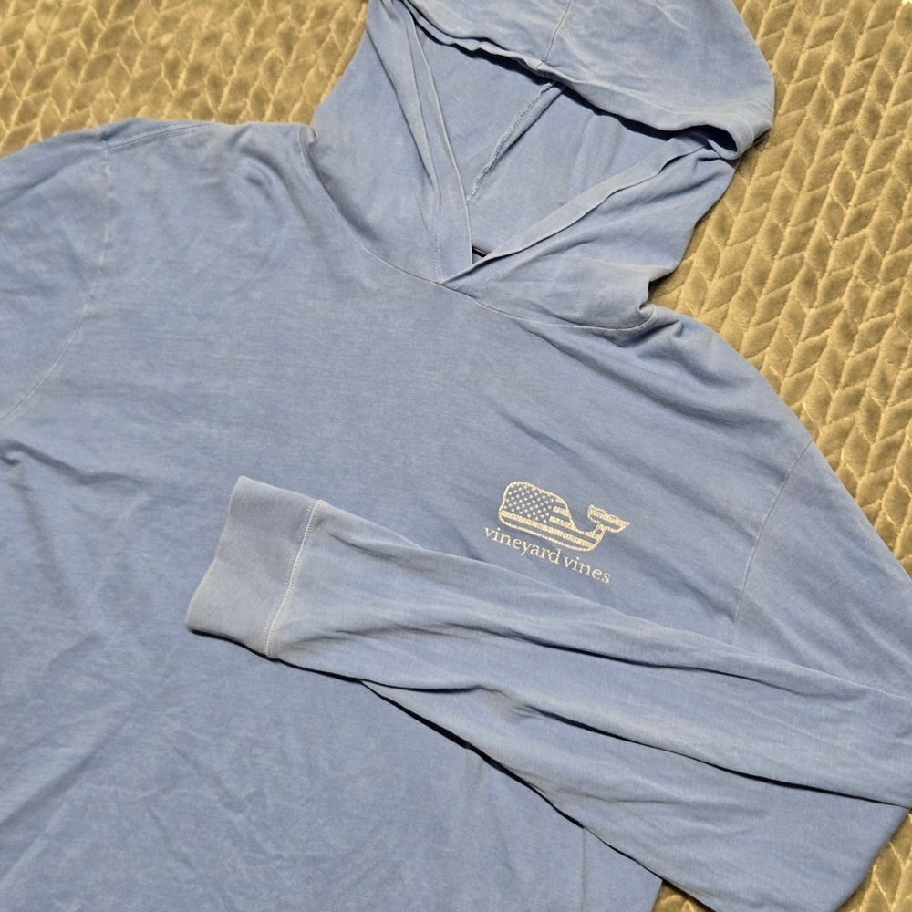 Vineyard Vines Mens Blue American Flag Whale Graphic Hoodie Shirt Large L